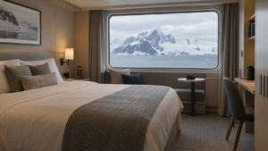 Cabin with a large window overlooking Antarctic mountains