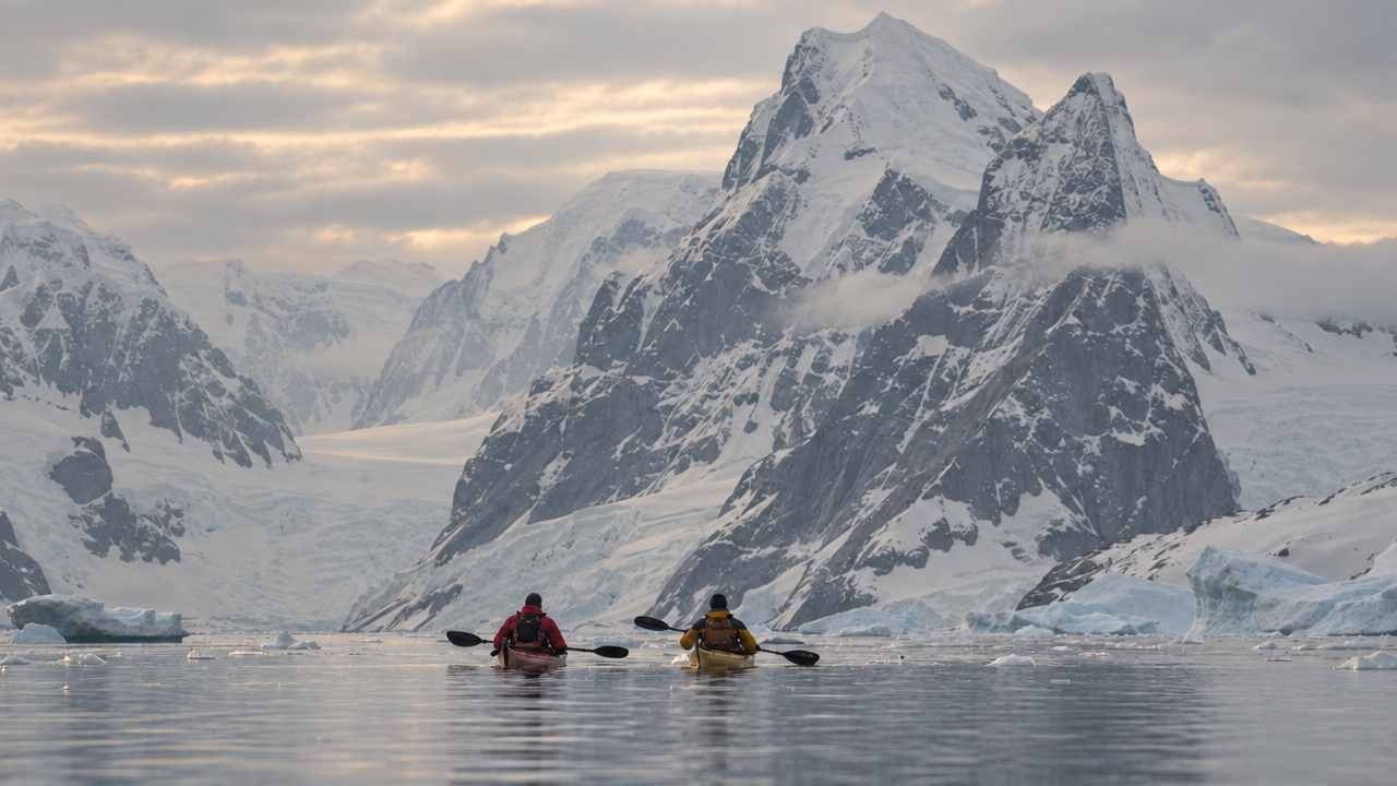 Two kayakers on calm Antarctic water beneath snow-covered mountains