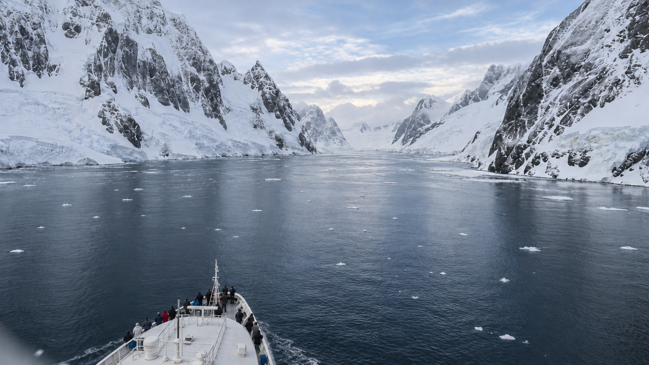 Passengers on a ship sailing through an Antarctic channel between snow-covered mountains